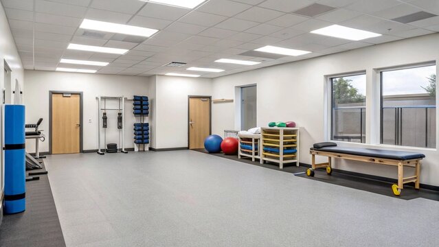 A spacious and well-lit modern physical therapy or rehabilitation gym, featuring various exercise equipment like resistance bands, weights, stability balls, and a treatment table