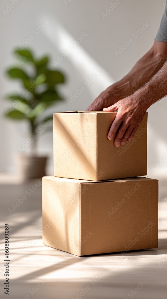 Poster sunlight illuminates cardboard boxes stacked in a new home, a man carefully positions another box on