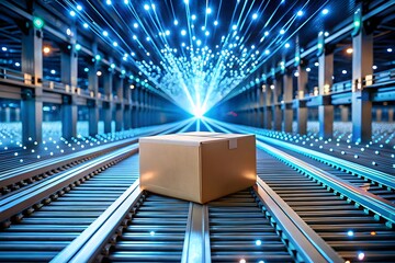 A single cardboard box sits on a conveyor belt in a futuristic warehouse with glowing blue digital lines stretching into the distance