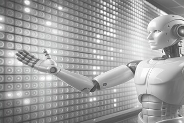 A humanoid robot with a thoughtful expression looks at a wall of glowing lights, representing artificial intelligence and data processing