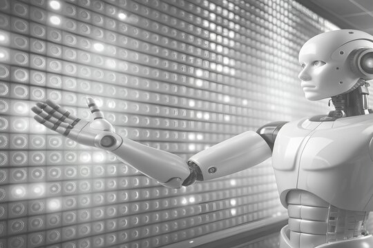 A humanoid robot with a thoughtful expression looks at a wall of glowing lights, representing artificial intelligence and data processing