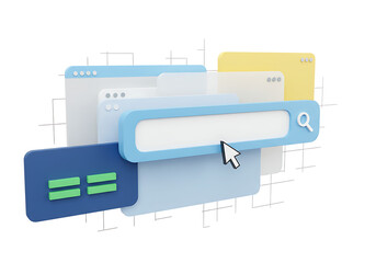 A digital interface showcasing a search bar with a cursor, surrounded by overlapping browser windows and abstract grid lines, representing online navigation and information access.