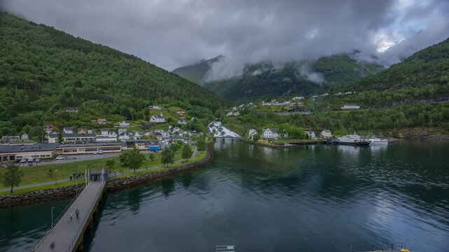 Time lapse of Hellesylt, Sunnylvsfjorden, Stranda Municipality, Norway, Scandinavia, Europe