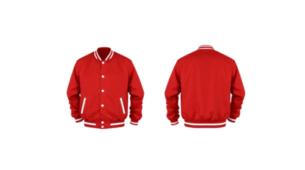 Red baseball bomber varsity jacket in front and back view, mockup isolated on transparent background