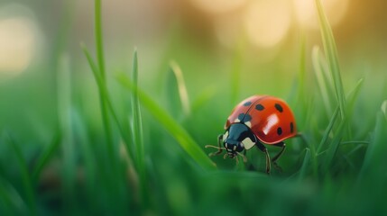 Fototapeta premium Macro close-up of a vibrant red ladybug perched on a blade of green grass in natural sunlight with shallow depth of field and soft blurred background