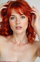 Naklejka premium Young woman with vibrant red hair styled with playful confidence. Features subtle freckles, green eyes, and light makeup. Hands touch hair. White background highlights her elegant, charming look.