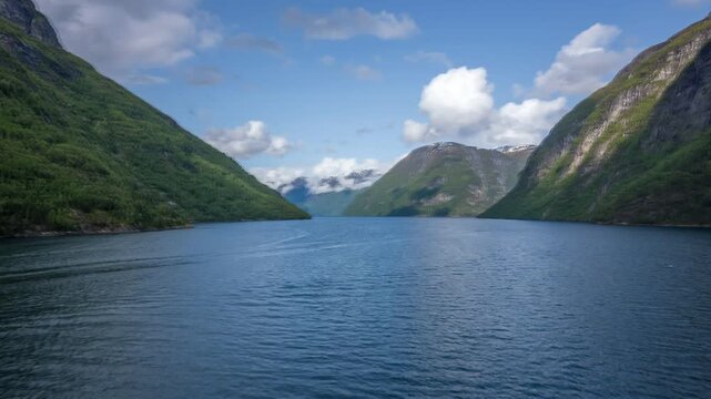 Hyper lapse from cruise ship leaving Hellesylt, Sunnylvsfjorden, Stranda Municipality, Norway, Scandinavia, Europe