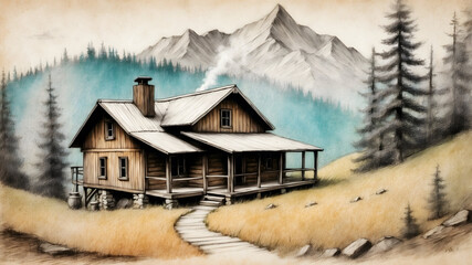 Abandoned House in the Mountains, Old House Illustration