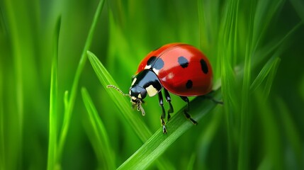 Macro close-up of a vibrant red ladybug perched on a blade of green grass in natural sunlight with shallow depth of field and soft blurred background




