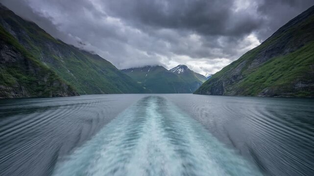 Hyper lapse of Sunnylvsfjorden from cruise ship on a cloudy day, Stranda Municipality, Norway, Scandinavia, Europe