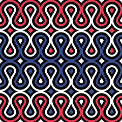 Seamless striped pattern with wavy blue, red, white, and black stripes with a retro hipster design. Abstract geometric illustration for textile, wallpaper, cover, and wrapping.