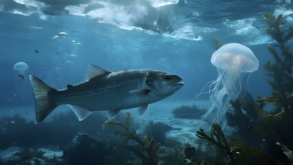 Fototapeta premium Underwater Ocean Scene with Marine Life and Seascape Elements