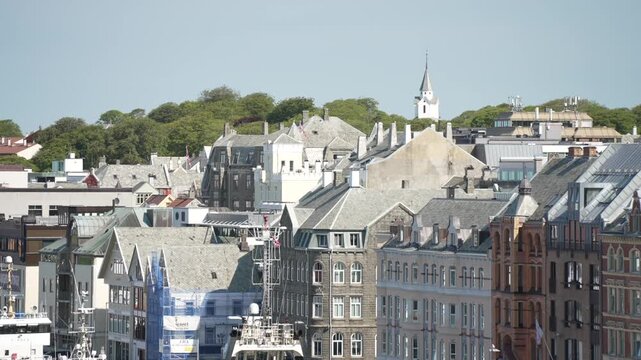 View of waterside architecture in Haugesund from Risoy Bridge on a sunny day, Haugesund, Rogaland County, Norway, Scandinavia, Europe