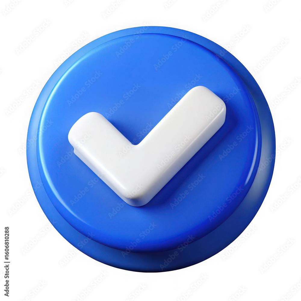 Poster blue circular button with white check mark isolated on transparent background