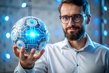 A man with glasses and a beard holds a glowing, futuristic technological orb