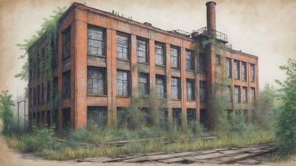 Old Abandoned Factory, Old Buildings Illustration, 