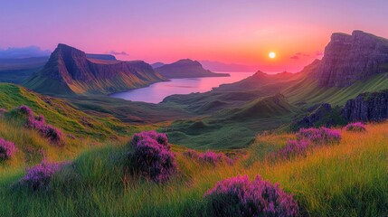 Fototapeta premium Sunrise over a dramatic Highland fjord. Lush hills, vibrant wildflowers, and a dramatic sunset