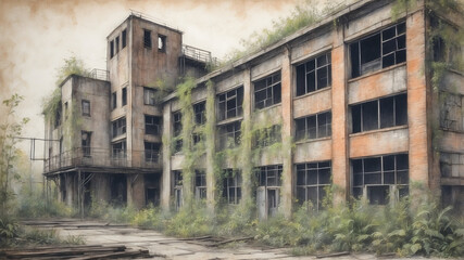 Old Abandoned Factory, Old Buildings Illustration, 