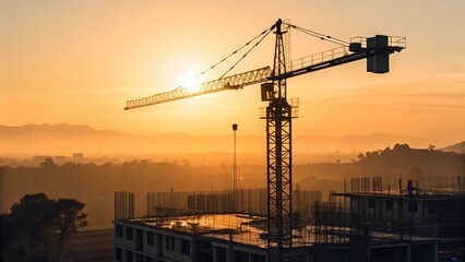 A dramatic view of a large construction crane against a vibrant sky at dawn or dusk, casting a long shadow over an unfinished building