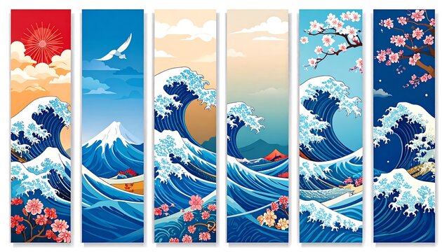 A set of six vertical panels depicting large, stylized ocean waves, inspired by Japanese art