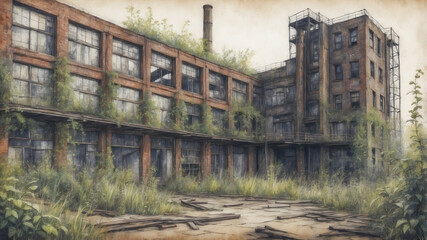 Old Abandoned Factory, Old Buildings Illustration, 