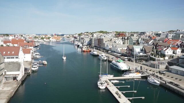 View of waterside architecture in Haugesund from Risoy Bridge on a sunny day, Haugesund, Rogaland County, Norway, Scandinavia, Europe