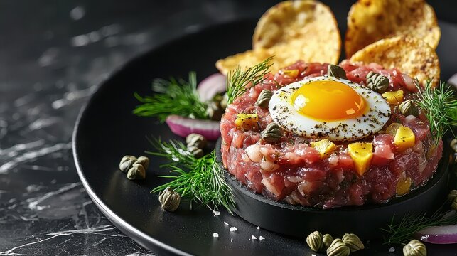 Steak tartare appetizer featuring hand-cut raw beef topped with golden quail egg yolk, capers and herb garnish on black plate - Powered by Adobe