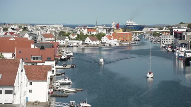 View of waterside architecture in Haugesund from Risoy Bridge on a sunny day, Haugesund, Rogaland County, Norway, Scandinavia, Europe