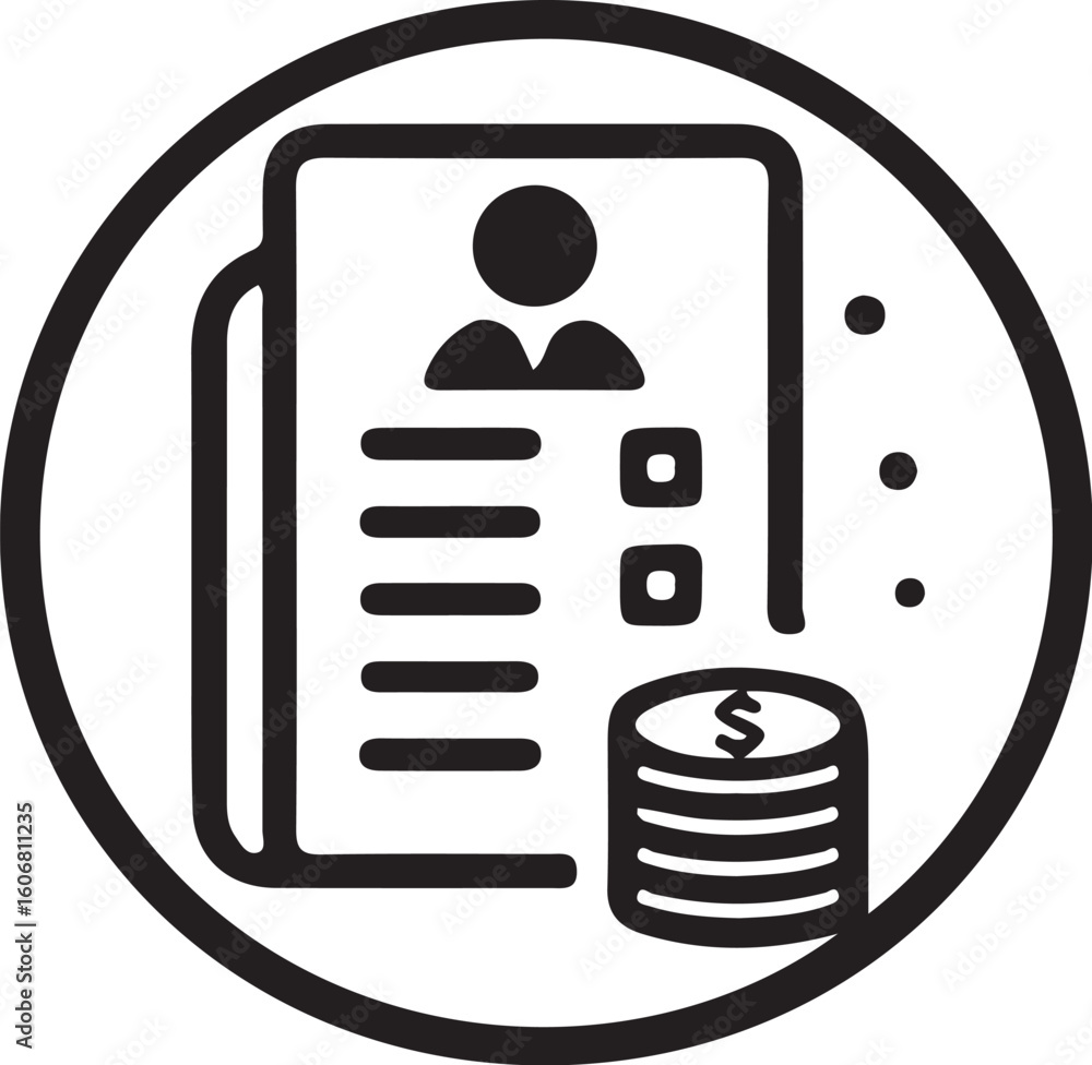 Poster a black and white icon showing a document with a person and a stack of coins inside circle