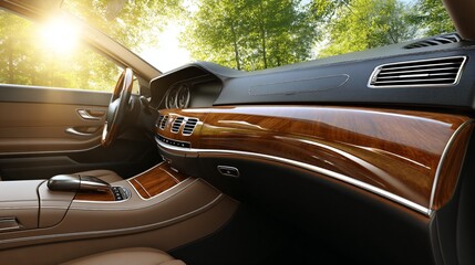 Sleek car interior with wood accents, elegant control knob, and bright sunlight.