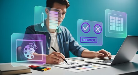 Modern designer sketching new ideas with digital tools for brand approval in a creative workspace, fostering innovation and collaboration