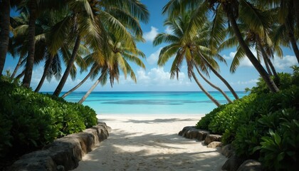 Tropical pathway leads to serene azure ocean paradise framed by palm trees. White sand beach, clear blue water, bright sky create tranquil summer vacation destination. Idyllic island getaway scene.