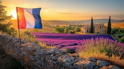 Flag France tricolor banner flying above blooming lavender plantation in Provence during sunset with rustic farmhouse and Mediterranean landscape