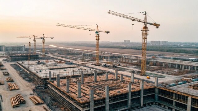 Dynamic aerial view captures a large-scale industrial construction site at dusk, featuring multiple towering cranes actively building modern structures with exposed concrete frameworks under a hazy  - Powered by Adobe