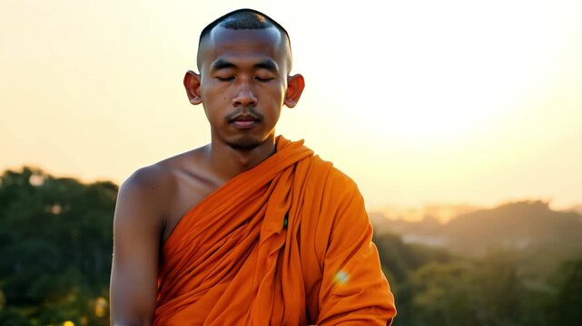 Young buddhist monk meditating at sunrise in oran