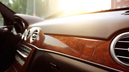 Sleek car interior with wood accents, elegant control knob, and bright sunlight.