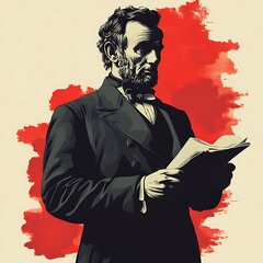 Illustration of abraham lincoln reading with red backdrop_ artistic american history photo