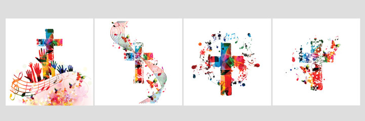 Colorful christian cross with music notes isolated vector illustration. Religion themed background. Design for gospel church music, concert, festival, choir singing, Christianity, prayer	