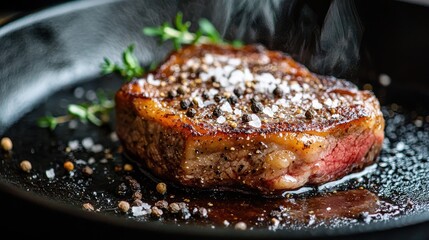 Bison steak thick-cut seared with coarse sea salt and cracked black pepper in cast iron skillet, premium restaurant presentation with fresh thyme garnish, gourmet meat dish preparation