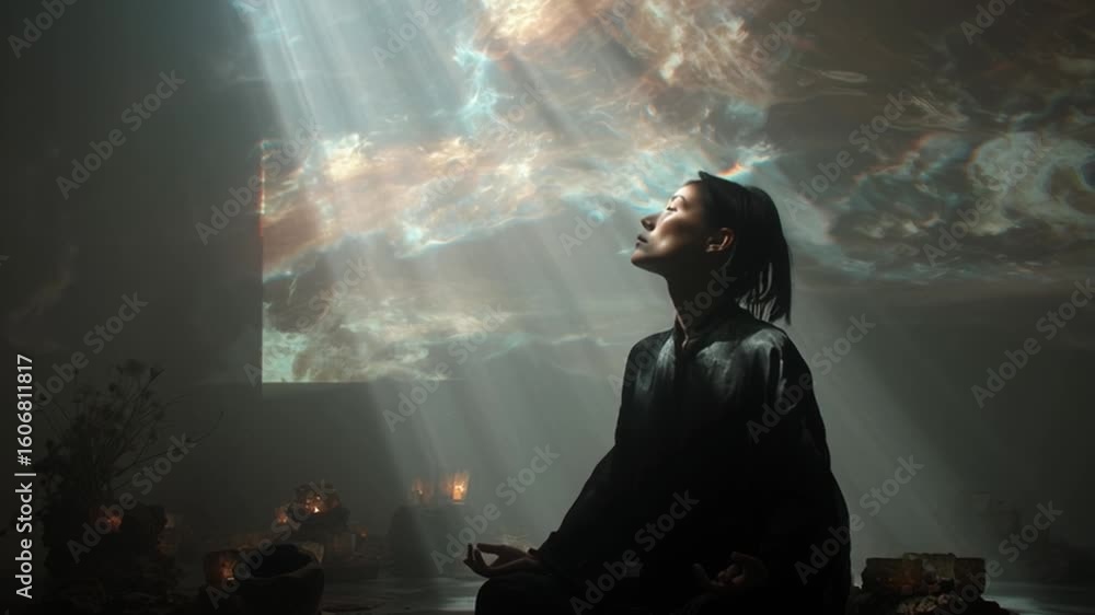 Poster serene meditation session illuminated by soft light in a tranquil setting
