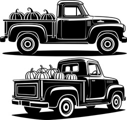 Black and white vector illustration of vintage pickup truck with pumpkins in bed, side profile in rustic harvest stencil style on white background