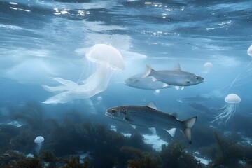Naklejka premium Underwater Ocean Scene with Marine Life and Seascape Elements