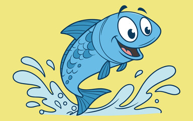 Obraz premium Cheerful happy blue cartoon fish character with animated splash effect and round friendly eyes