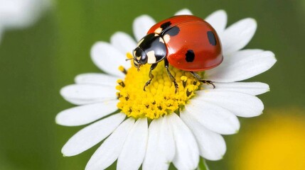 Macro close-up of a vibrant red ladybug perched on a yellow flower petal with natural soft focus background in bright daylight
