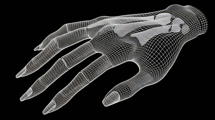 Obraz premium 3D wireframe rendering of a human hand meticulously rotating a complex, abstract geometric structure, showcasing digital design and intricate modeling.