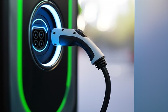 Electric vehicle charging nozzle connecting to port, illuminated by a bright, glowing status light indicating power transfer.