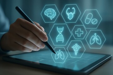 Modern Medical Technology Featuring Digital Tablet and Glowing Healthcare Icons