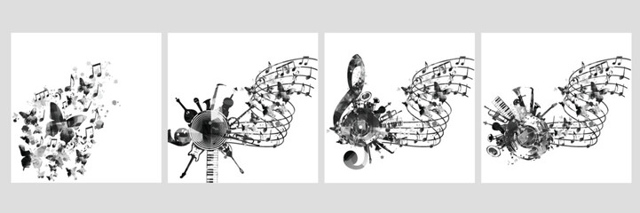 Music background with black and white music notes vector illustration design. Artistic music festival poster, live concert events, party flyer, music notes signs and symbols	