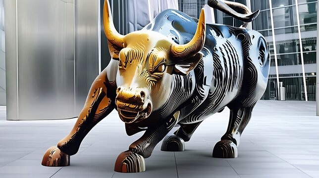Futuristic digital bull statue, reminiscent of Wall Street, stands in a sleek plaza, symbolizing innovation and financial growth.