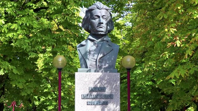 Brest City Park nature art Monument to Adam Mickiewicz Belarus.